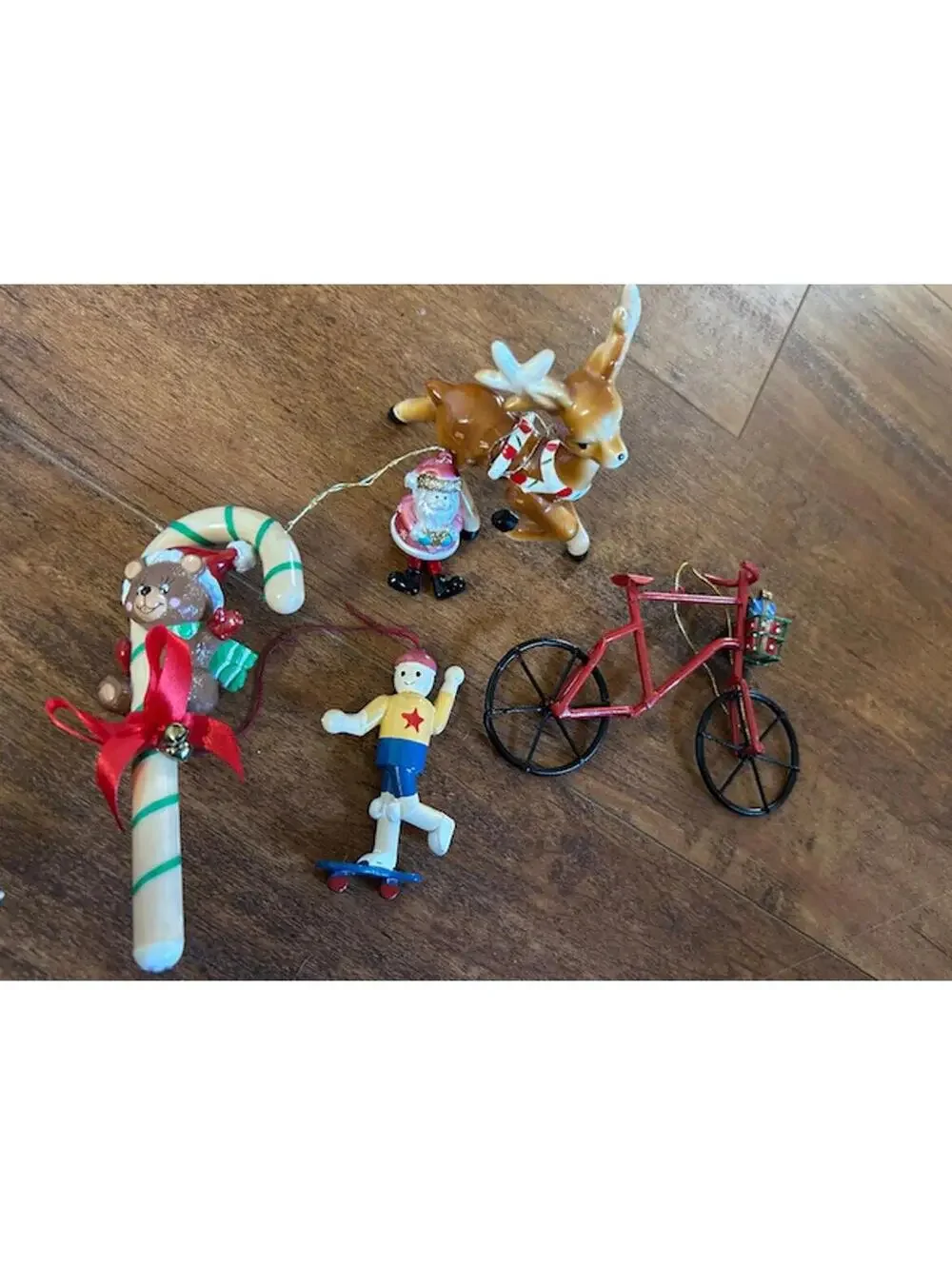Set of 5 Vintage Style Christmas Ornaments - Reindeer, Santa, Candy Cane, Skate,